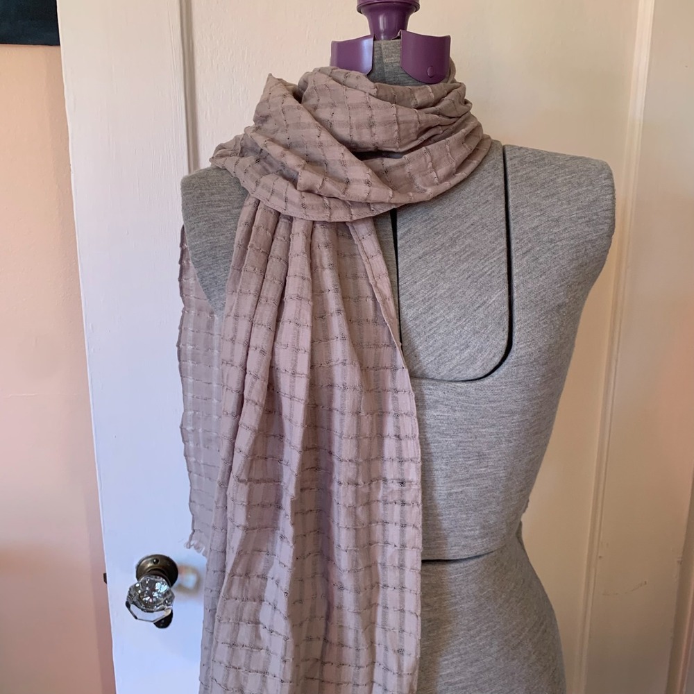 Beige Textured Grid Scarf Rectangle Wrap Frayed Edge 68x16 Granola Minimal